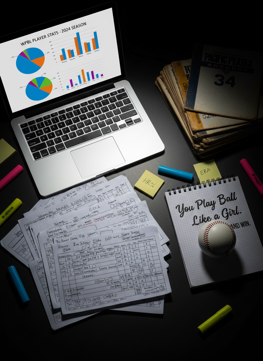 An overhead photographic view of a cluttered analyst’s desk dedicated to women’s baseball, featuring an open laptop displaying colorful WPBL stat charts, printed scorecards layered with meticulous pencil markings, a stack of dog-eared media guides, and a pristine ball resting on a spiral notebook titled “You Play Ball Like a Girl.” A dark, matte desk surface contrasts with highlighter pens and sticky notes in vivid team colors. Cool, focused desk-lamp lighting pools in the center, leaving the edges of the frame to fall off into subtle shadow. The composition uses rule of thirds to draw the eye from the laptop to the ball, conveying a bold, data-driven, fiercely obsessive atmosphere in crisp photographic realism.
