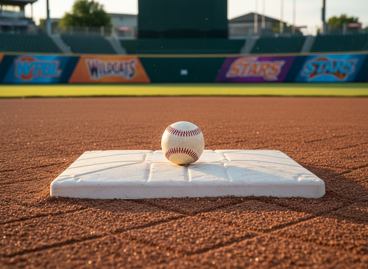 A scuffed white baseball with bright red stitching resting on home plate of a perfectly manicured women’s professional field, the infield dirt groomed into sharp, geometric patterns. Beyond, an outfield wall painted with bold WPBL logos and team colors curves across the horizon. Late afternoon golden-hour sunlight rakes across the scene, carving crisp shadows from the ball and plate and illuminating dust motes in the air. Captured at ground level with a shallow depth of field, the ball dominates the foreground while the stadium seating dissolves into soft bokeh. The mood is bold and anticipatory, photographic realism with vivid, saturated colors that convey intensity and competitive energy.