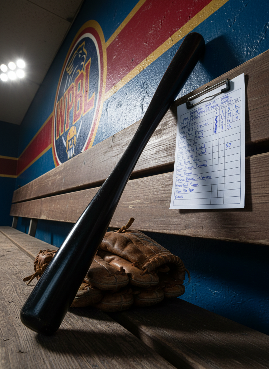 A close-up of a glossy black wooden baseball bat leaning against a weathered dugout bench, paired with a well-used women’s pro league glove and a lineup card clipped to the bench edge, filled with handwritten stats and positions. The dugout wall behind is painted in fierce team colors with a large, partially visible WPBL emblem. Overhead stadium lights cast dramatic, directional illumination, creating high-contrast highlights on the bat’s lacquered surface and deep shadows beneath the bench. Photographic realism, shot from a slightly low angle along the bat’s length, emphasizes power and precision. The atmosphere is focused and analytical, echoing the strategic side of the game and the bold personality of the blog.
