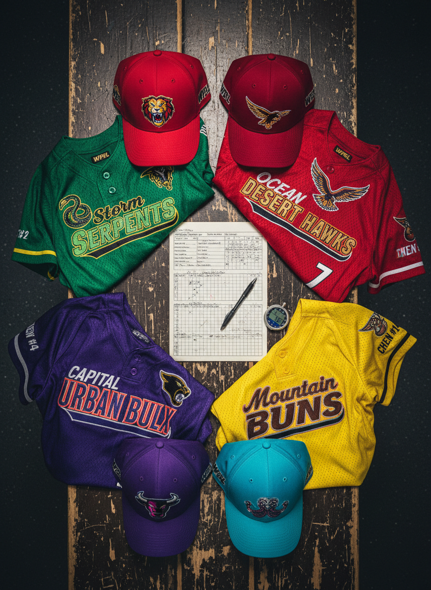 A meticulously arranged flat lay of WPBL team caps and jerseys spread across a dark locker-room bench, each uniform featuring unique, vibrant color schemes and fierce, modern logos that celebrate women’s baseball. In the center lies a stat-filled scouting report, edges curling slightly, with a ballpoint pen and stopwatch placed precisely beside it. Overhead fluorescent locker-room lighting casts clean, cool illumination, creating crisp shadows and making textures of stitched lettering and mesh fabric stand out in sharp photographic detail. Shot from directly above with perfect symmetry, the composition feels organized yet intense. The atmosphere is bold, competitive, and professional, echoing pre-game preparation and the analytical voice of a women’s baseball blog and podcast.