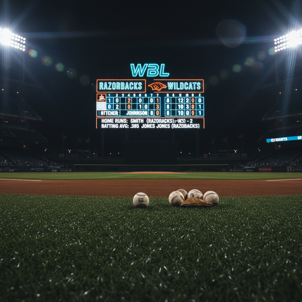 A dramatic nighttime stadium scene centered on an illuminated digital scoreboard dedicated to the WPBL, displaying team names, inning-by-inning runs, and bold player stats in sharp, neon-like typography. The outfield grass below is richly textured, each blade catching glints of light from massive overhead fixtures. A cluster of baseballs and a rosin bag sit near the warning track, their surfaces catching specular highlights against the dark surroundings. Photographed from a low angle looking up toward the towering scoreboard, the composition emphasizes scale and intensity. Stadium lights produce stark contrasts and lens flares, while the distant stands blur into a soft, moody darkness. The mood is electrifying and unapologetically bold, with high-contrast photographic realism.